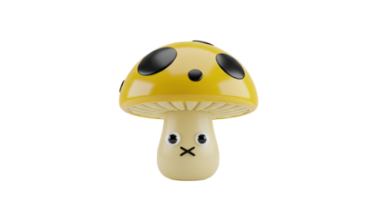 3D Cute yellow mushroom character with a face on transparent background