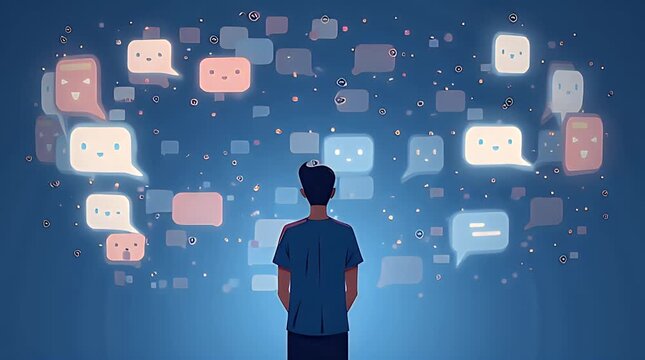 Editorial illustration of a person surrounded by glowing chat bubbles that never touch them, symbolizing emotional isolation in a hyperconnected digital world, modern flat vector style, soft cool 