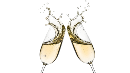 Two champagne glasses clinking together with splashing liquid isolated on transparent background for celebration