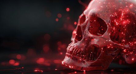 Red digital skull composed of circuit board elements on a dark background with flowing data. Cybercrime, hacking, and data security concept.