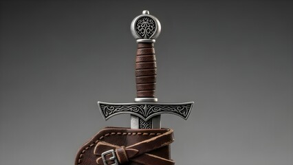 Decorative Celtic sword with leather sheath and intricate metalwork on gray background
