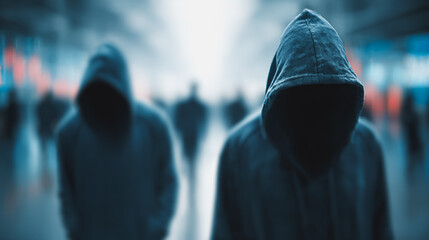 Hacker are planning to hack and attack networks and cyber security systems and stands on the peak of success amid tall, innovative Smart city and graphs with statistics to analyze business potential