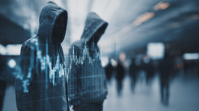 Hacker are planning to hack and attack networks and cyber security systems and stands on the peak of success amid tall, innovative Smart city and graphs with statistics to analyze business potential - Powered by Adobe