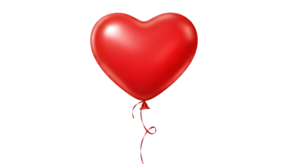 A bright red heart shaped balloon floating in the air with a ribbon tied to the bottom isolated on transparent background