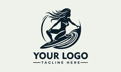 A vector logo featuring a woman surfing on a wave with the text 'YOUR LOGO' and 'TAGLINE HERE' in a simple, modern design.