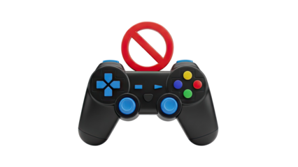 3D Video Game Controller with Red Prohibition Sign on transparent background