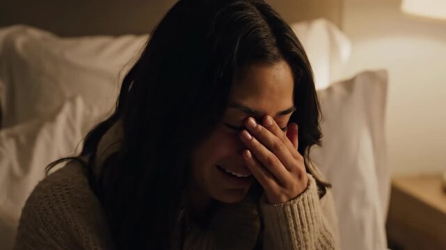 Cinematic Close-Up of a Heartbroken Young Woman Crying Alone in Her Bedroom at Night
