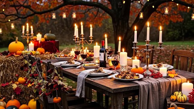 Thanksgiving table setting outdoors with candles, autumn backdrop, for festive season