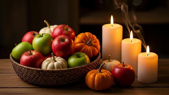 Apples, pumpkins in basket with candles in warm autumn glow, usable for harvest, food