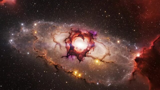 Extreme slow motion close-up of vibrant red and orange gaseous clouds expanding and contracting across the galactic core dynamic movement, light, abstract