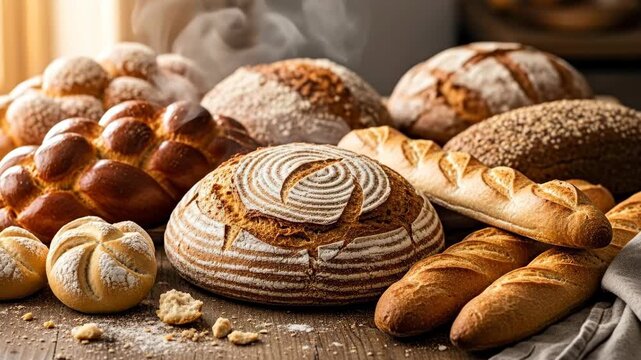 Fresh, artisan bread selection on rustic wooden table, soft focus background. For menu