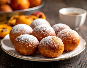 Close-up of powdered sugar-dusted baked pastries and peaches