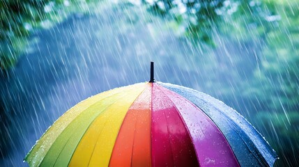 Multicolored umbrella under rain against with water drops background, stock photo style --ar 16:9 --stylize 50 --v 6.1 Job ID: 12858f6e-dd9e-46c7-a407-a7d07a24d677
