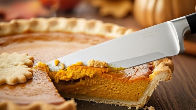 Knife cutting a slice of pumpkin pie on a wood table, fall background