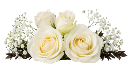 White roses and babys breath flowers bouquet on isolated transparent background for decoration or wedding