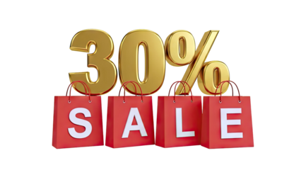 3D 30% Sale with Shopping Bags on transparent background
