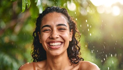 A joyful person, face radiant, smiles widely, enjoying rain outdoors. Lush green foliage frames the wet face. Sunlight adds brightness