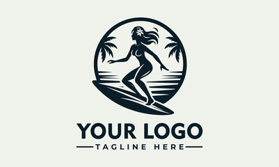 A vector logo featuring a woman surfing with palm trees in a circular frame on a light green background with space for a custom tagline.
