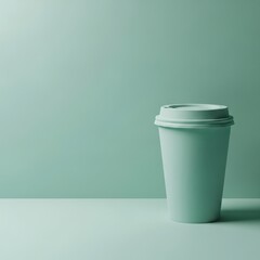 A minimalist monochrome studio photo of a light green disposable coffee cup