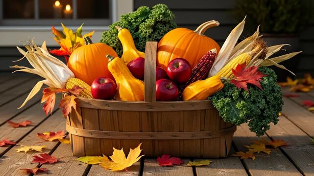 Thanksgiving basket overflowing with harvest goods on a wooden deck, bokeh candles