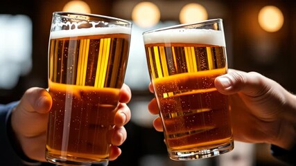 Toasting with Beers, hands clinking glasses in bar background, celebrating friendship