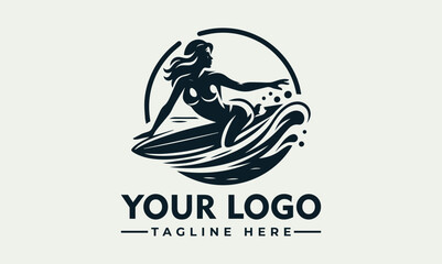 Vector logo design featuring a woman surfing with a customizable tagline on a light green background.