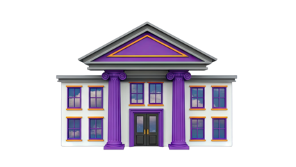 3D Cartoon Bank Building with Purple Columns and Windows on transparent background