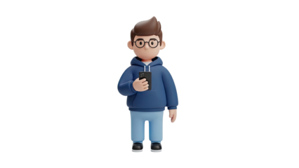 3D Cartoon Boy with Glasses Holding a Smartphone on transparent background