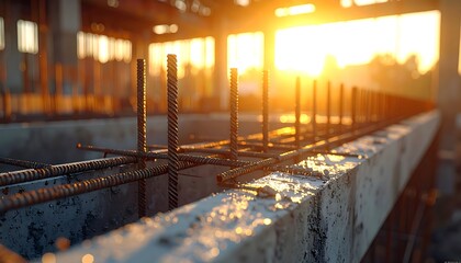 Construction site detail. Rebar placed in concrete form, bathed in warm sunlight. Building structure emerging under golden sky