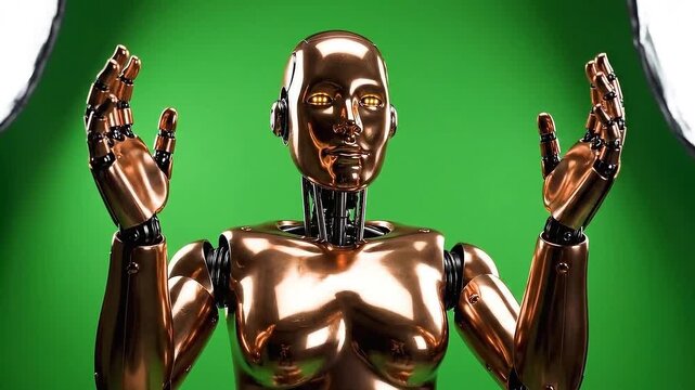 Golden Robot Raises Hands Expressively on Green Screen Background in Studio Lighting with Futuristic Metallic Design and Humanoid