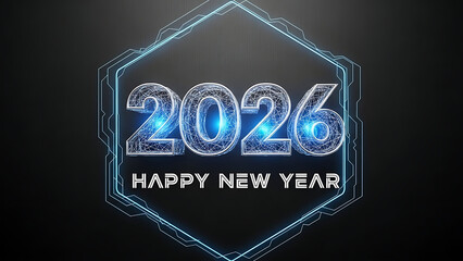 Futuristic 2026 happy new year text with digital wireframe grid numbers and blue light hud background