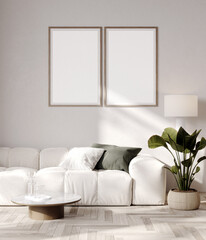 Two poster frames in modern living room with sofa, 3d render