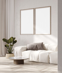 Stylish living room interior cloud dancer pantone with two posters mock up, modern interior background, 3d illustration