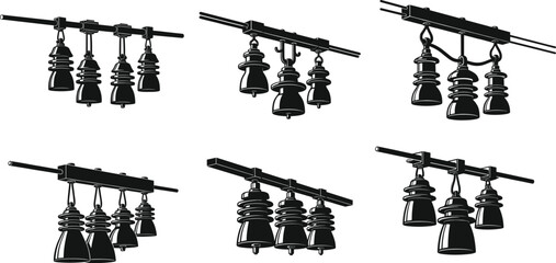 High voltage electrical insulator set illustration, detailed power line components, industrial energy equipment graphics for utility design, engineering, and infrastructure projects