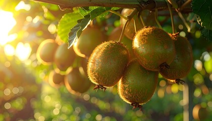 Close-up of ripe, fuzzy kiwi fruit clusters on a branch