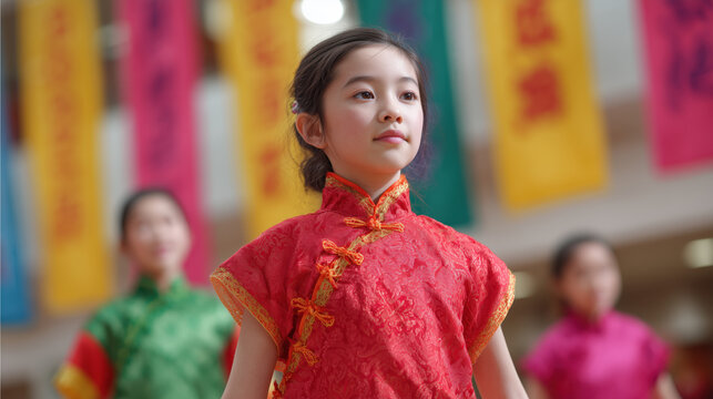Young girls in red cheongsam performing traditional dance routine
