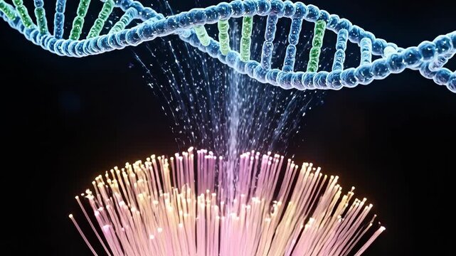 DNA strand and fiber optics with light emissions on a dark background for scientific purposes