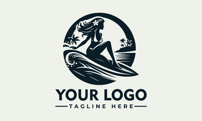 A surfing logo vector design featuring a woman on a wave with a palm tree in a circular frame on a light green background.
