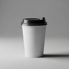 A plain white disposable coffee cup with a black lid on a neutral background for mockup design