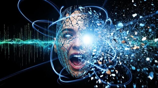 Exploding digital female face in blue with soundwave background, abstract design for concepts
