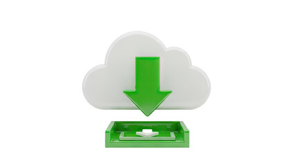 3D Cloud download icon with green arrow and inbox tray on transparent background