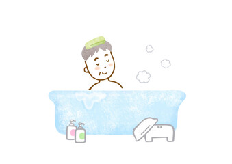 お風呂に入っているシニア男性のイラスト