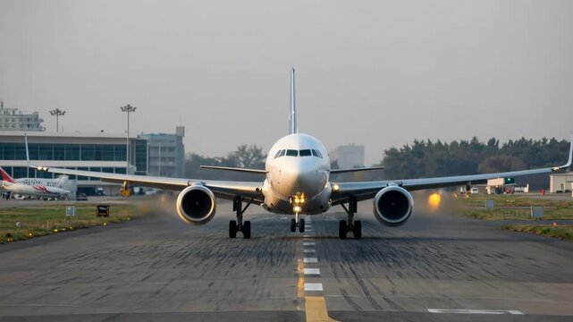 Commercial passenger airplane landing at airport in golden morning light with extended landing gear and engines roaring on approach