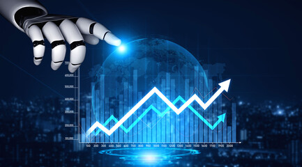 A futuristic robotic hand interacts with a glowing globe and a growth chart, symbolizing data analytics and business innovation in an advanced technology landscape. Scalp