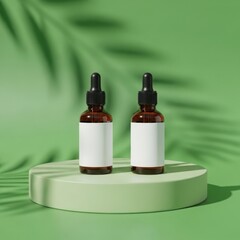 Two amber glass dropper bottles on a podium with a leaf shadow background
