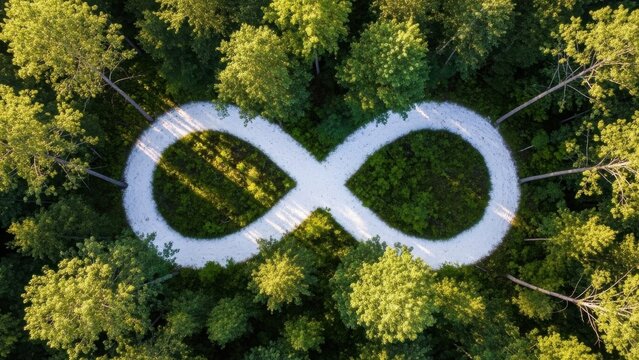 Aerial view of white infinity symbol shaped road in forest