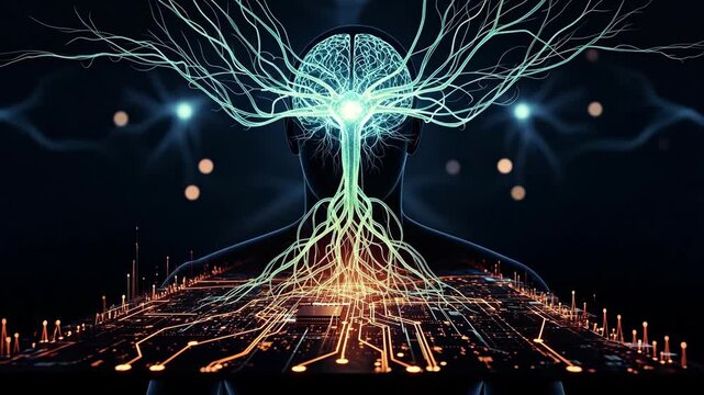 Brain network connection design on circuit board, dark background, conceptual, digital art