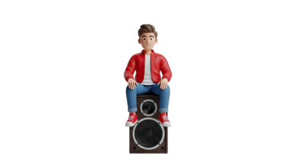 3D cartoon boy sitting on a speaker on transparent background
