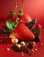 Close-up of strawberries with chocolate being drizzled on them