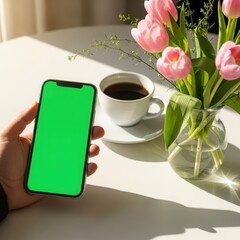 Person holding smartphone with green screen by coffee and beautiful pink tulips
